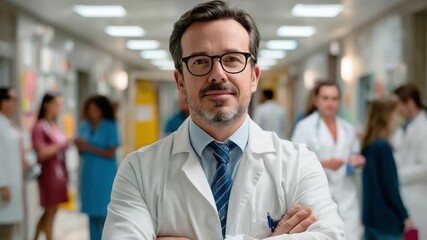 The Doctor's Gaze: A confident and compassionate doctor stands prominently in a bustling hospital corridor, his focused gaze conveying expertise and empathy.