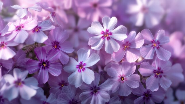 Dense surface of phlox blossoms forming pastel mosaic texture sharp macro focus captures petal veins balanced daylight natural