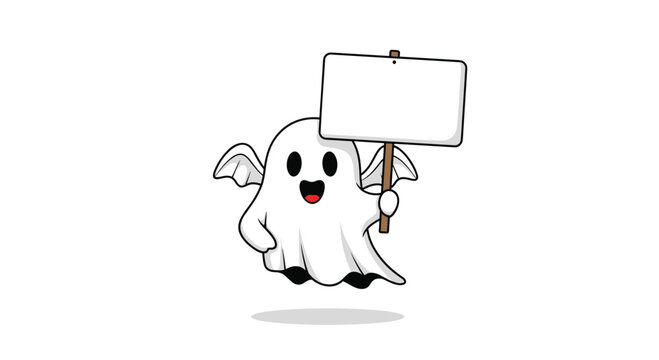 Adorable cartoon ghost character with cute little wings happily holding a blank white sign for custom message.