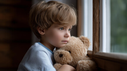 Young boy abandoned house with defocused teddy bear, sadness moment, window visualization detail, blurred old background, lonely concept, friend interface, abandoned displ