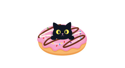Adorable black cat head with big yellow eyes peeking through a delicious pink frosted donut with sprinkles.