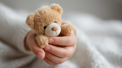 Close-up child's hand holding sad defocused teddy bear, border crossing, emotional visualization detail, blurred background, migration concept, refugee interface, sad disp