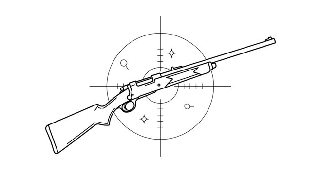 A detailed line art illustration of a hunting rifle centered within a precise target reticle scope.