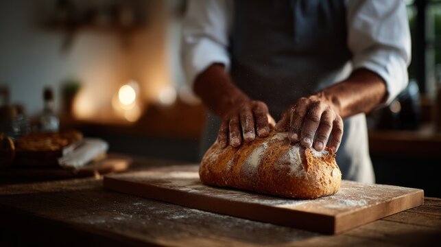 a bakers flour-dusted hands placing a loaf - Powered by Adobe