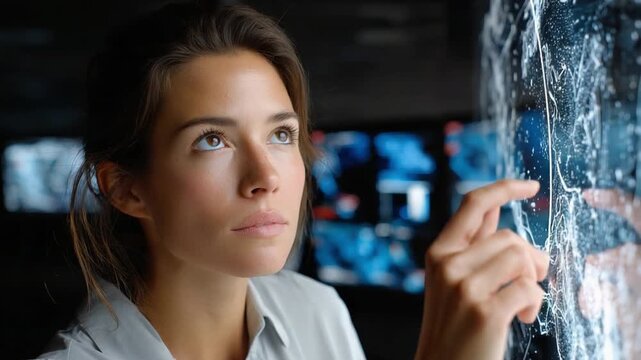 Focused Female on Futuristic Display: An intelligent female engages with a futuristic transparent display, immersed in the digital world.