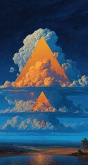 Triangle-shaped clouds in the sky over a landscape