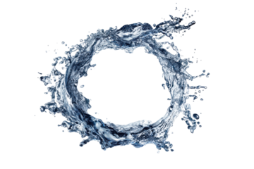 Circular water splash forming a ring isolated on transparent background. Dynamic water splash ring effect forming a circular motion of liquid refreshment isolated on white background.