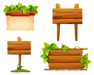 Wooden signpost set, empty board textured wood plank, parchment paper. Wood plank frames game signpost, farm garden or jungle pointing panel. Set menu ui design. Outdoor empty textured arrow