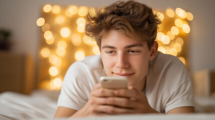 Teenage boy using smartphone lying on defocused bed couch, bored moment, warm-toned visualization detail, blurred home background, teenager concept, mobile interface, lyin