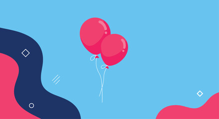 Two vibrant red balloons happily floating upwards in a bright blue sky with abstract decorative shapes.