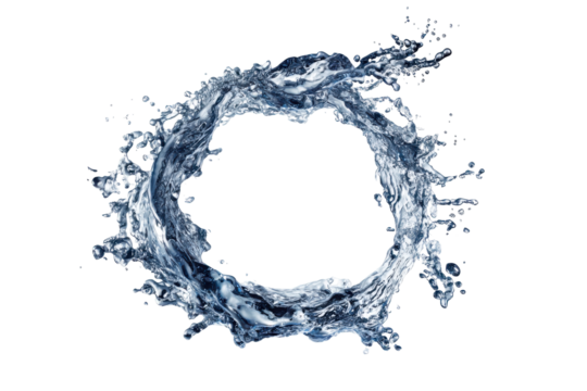 Circular water splash forming a ring isolated on transparent background. Dynamic water splash ring effect forming a circular motion of liquid refreshment isolated on white background.