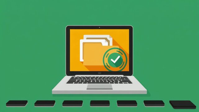 Laptop with Folder Icon and Check Mark Badge on Green Background for Data Backup Security