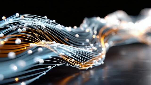 Digital Connections: A mesmerizing abstract composition showcases a network of interconnected digital threads, forming a flowing wave of data, illuminated with glowing spheres.