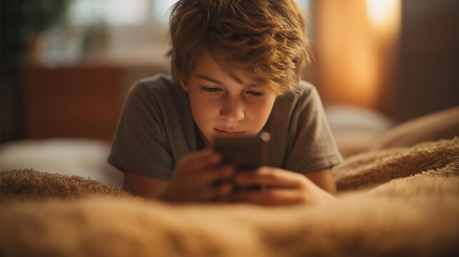 Teenage boy using smartphone lying on defocused bed couch, bored moment, warm-toned visualization detail, blurred home background, teenager concept, mobile interface, lyin - Powered by Adobe