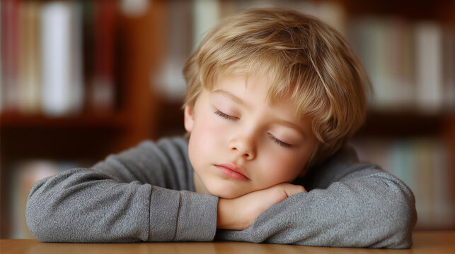 Young boy closed eyes resting defocused head on hand, bored tired, library visualization detail, blurred books background, studying concept, exhaustion interface, desk dis