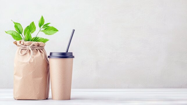 A brown paper bag filled with green leaves and a disposable coffee cup with a black lid and straw sit on a light-colored wooden table against a plain background - Powered by Adobe