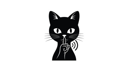 Adorable black cat making a shush gesture with its paw indicating silence and secrets, a cute and mysterious feline character.