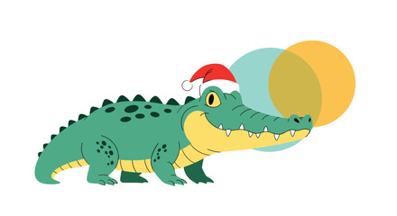Obraz premium Cheerful cartoon crocodile wearing a festive Santa hat, embodying a whimsical and fun Christmas spirit against a vibrant background.