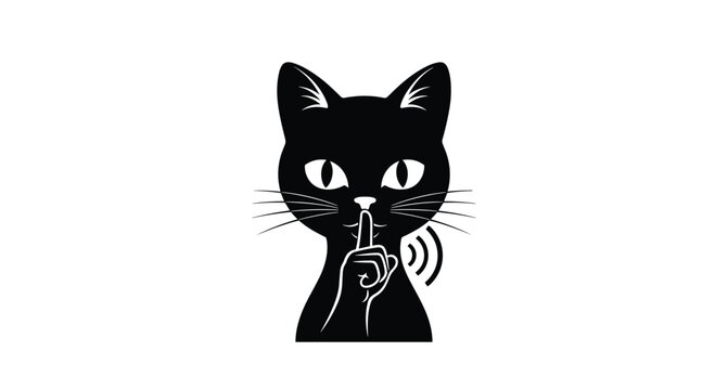 Adorable black cat making a shush gesture with its paw indicating silence and secrets, a cute and mysterious feline character.