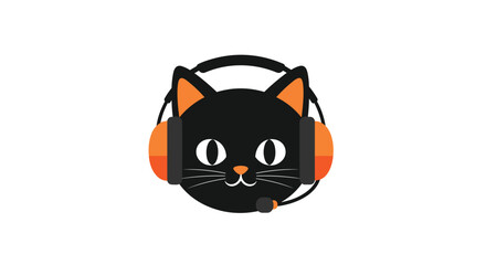 Cute black cat wearing a gaming headset with a microphone, representing online gaming, communication, and digital entertainment.