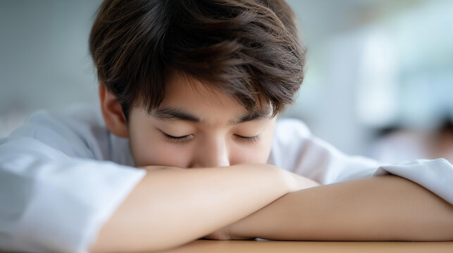 Bored school child student tired defocused of learning, exhausted pupil, fatigue visualization detail, blurred education background, academic concept, stress interface, ti