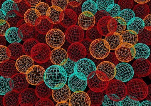 Abstract digital background with colorful wireframe spheres in red, orange, and teal for futuristic, tech, or data visualization themes