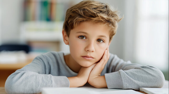 Young boy looking sad bored defocused working homework, studying child, resting visualization detail, blurred desk background, school work concept, tired interface, homewo