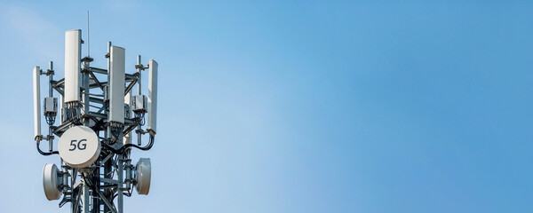 5G cellular communication antenna for telecommunication infrastructure. Modern wireless technology for high speed mobile network connection.