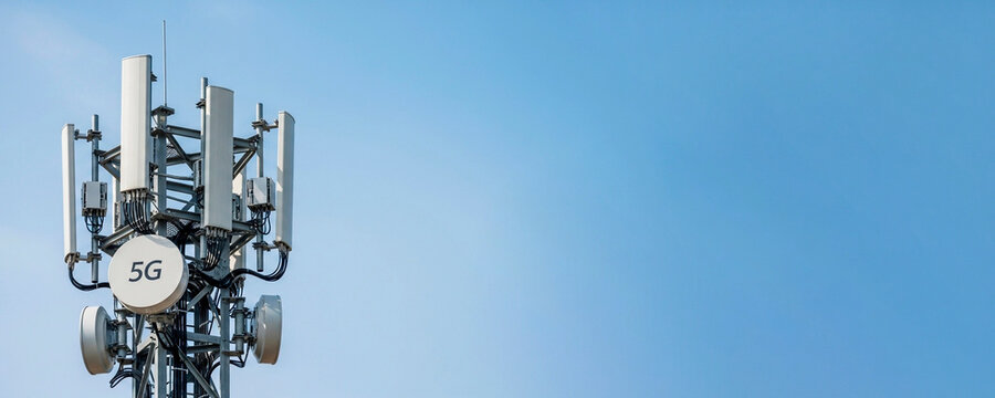 5G cellular communication antenna for telecommunication infrastructure. Modern wireless technology for high speed mobile network connection.