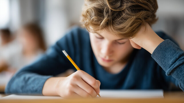 Distracted schoolboy reluctant doing homework defocused by desk, lazy student, pencil visualization detail, blurred copybook background, reluctance concept, study interfac
