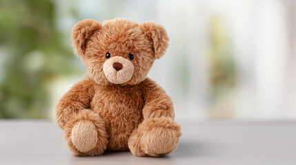 Obraz premium Brown teddy bear sitting on defocused transparent background, cute toy, plush visualization detail, clean setting, childhood concept, bear interface, isolated display, tra