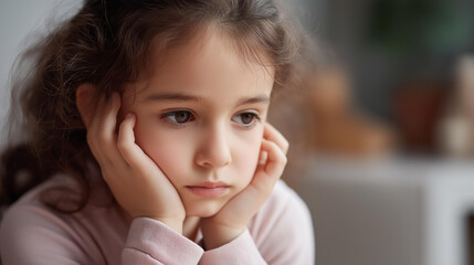 Cute dark-haired girl sitting defocused looking upset, bored child, care visualization detail, blurred background setting, unhappy concept, mood interface, sitting display