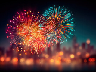 Fireworks over city skyline