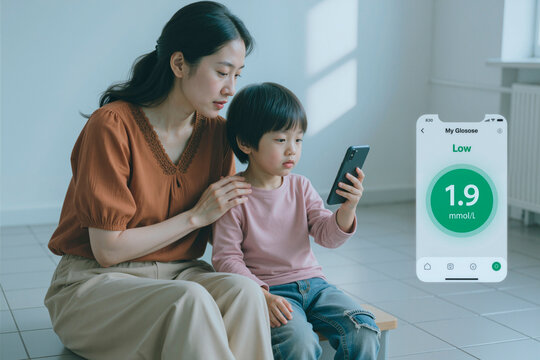 Asian young woman supporting Asian child checking blood glucose level on smartphone app, both focusing on screen, digital health monitoring in medical care context