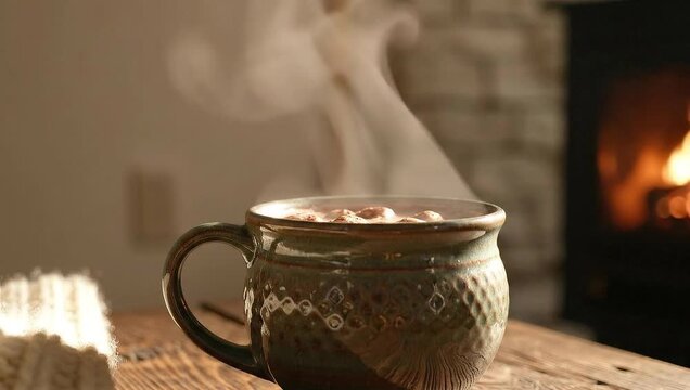 Steaming hot chocolate in a rustic mug by a cozy fireplace, perfect for a warm winter evening.