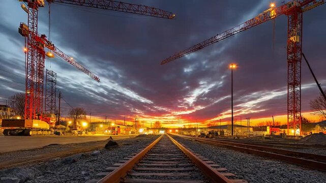 Skyline Construction: An industrial landscape is framed by construction cranes, set against a stunning sunset, symbolizing progress and the dynamic nature of urban development.