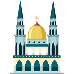 Pixel Art Islamic Mosque With Golden Dome and Tall Minarets Against A Transparent Background Featuring Intricate Architectural Details And A Crescent Moon Symbol