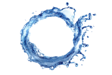Circular water splash forming a ring isolated on transparent background. Dynamic water splash ring effect forming a circular motion of liquid refreshment isolated on white background.