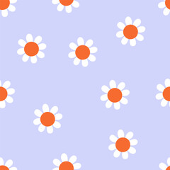 Daisy flowers, seamless pattern. Endless floral background, repeating print with camomile blooms, blossoms. Feminine spring and summer texture design for fabric, textile. Flat vector illustration