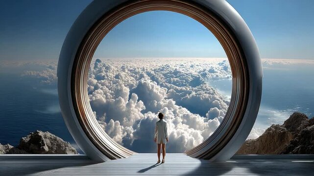 Portal to the Sky: A solitary figure gazes through a futuristic portal at a breathtaking view of the clouds. This scene suggests limitless possibilities and a journey into the unknown.