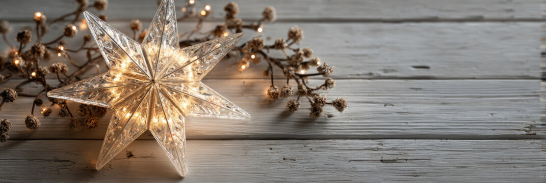 Warm illuminated star ornament shining brightly, symbolizing holiday cheer and winter celebrations, arranged alongside glowing fairy lights on a rustic wooden backdrop