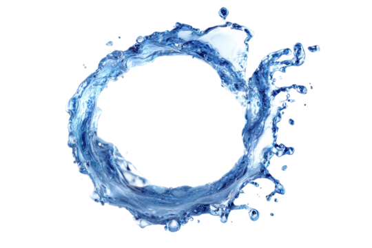 Circular water splash forming a ring isolated on transparent background. Dynamic water splash ring effect forming a circular motion of liquid refreshment isolated on white background.