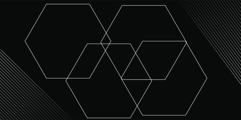 Black abstract background design hexagon. Premium stripe texture for banner business backdrop. Dark horizontal vector template