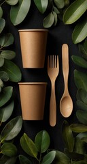 Eco Cups, utensils on black with leaf border, neutral