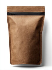 Brown paper pouch with a black zipper, centered