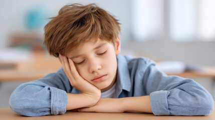 Sleeping bored tired boy in defocused classroom learning, exhausted student, stress visualization detail, blurred desk background, anxiety concept, confused interface, ADH