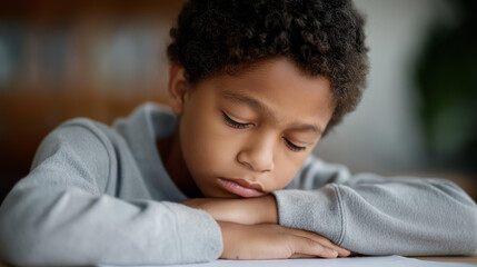 Obraz premium Sad upset lazy pupil schoolboy defocused writing homework, exhausted child, African American visualization detail, blurred table background, unmotivated concept, boring in