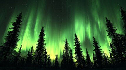 Breathtaking aurora borealis lights up the winter forest, creating a magical and serene night scene.