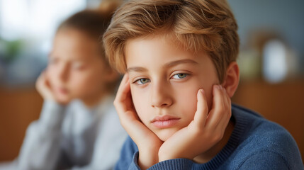 Kids bored at home stressed defocused tired exhausted, indoor confinement, boy girl visualization detail, blurred domestic background, fatigue concept, stress interface, t