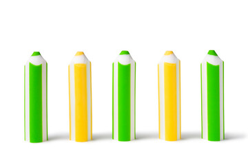 Pencil shaped colored eraser on white background